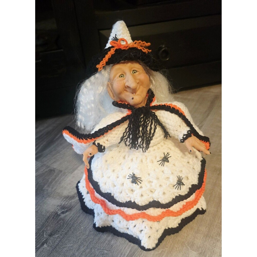 Crochet Witch Doll Head Halloween Dress Candy Container Decoration Vintage